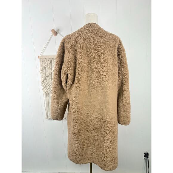 Uniqlo Tan Teddy Coat Womens Small Longline Fleece Sherpa Jacket No Collar - Picture 10 of 13